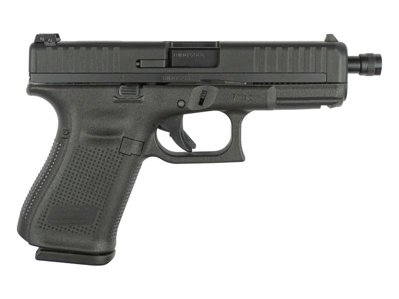 Pravý boční pohled (z pohledu střelce) na provedení Glocku 44 s prodlouženou hlavní s integrovaným závitem na jejím ústí. Určitou zajímavostí je, že hmotnost hybridního závěru je téměř shodná s polymerovým tělem pistole. Závěr (bez hlavně a vratné pružiny) má hmotnost 133 gramů, tělo pistole (bez zásobníku) 127 gramů.